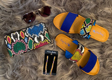 Load image into Gallery viewer, Blue/Multi Colored Snake Skin Sandals
